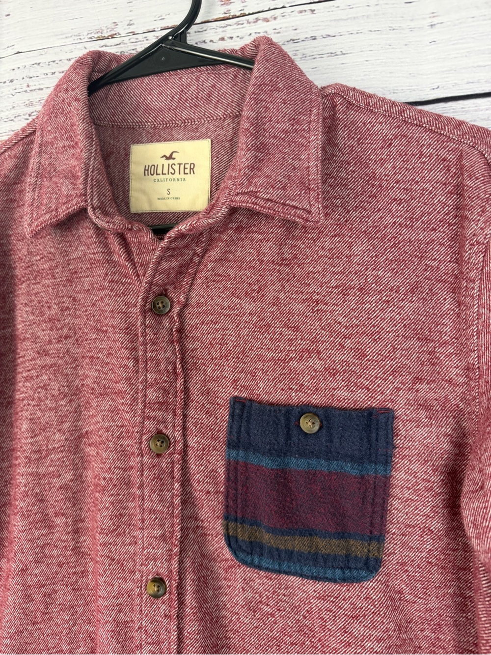Hollister Burgundy Red 100% Cotton Button Down Shirt S Y2K Striped Pocket - Picture 3 of 8